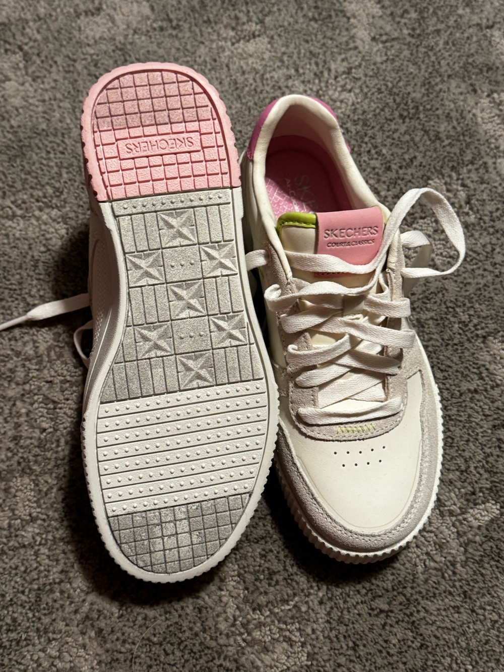 Women’s Skechers Court and Classics with floral print.